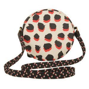 CLARE V. CANVAS CIRCLE BAG WITH RED AND BLUE SPOTS